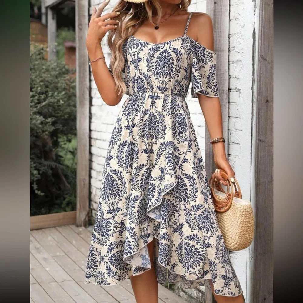 Boho cold shoulder ruffle hem dress